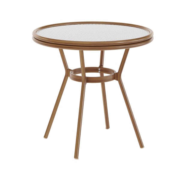 Flash Furniture Lourdes Indoor/Outdoor Commercial Bistro 31.5in Table, PE Rattan, Glass Top, Bamboo Print Aluminum Frame, White & Gray Rattan/Natural Frame