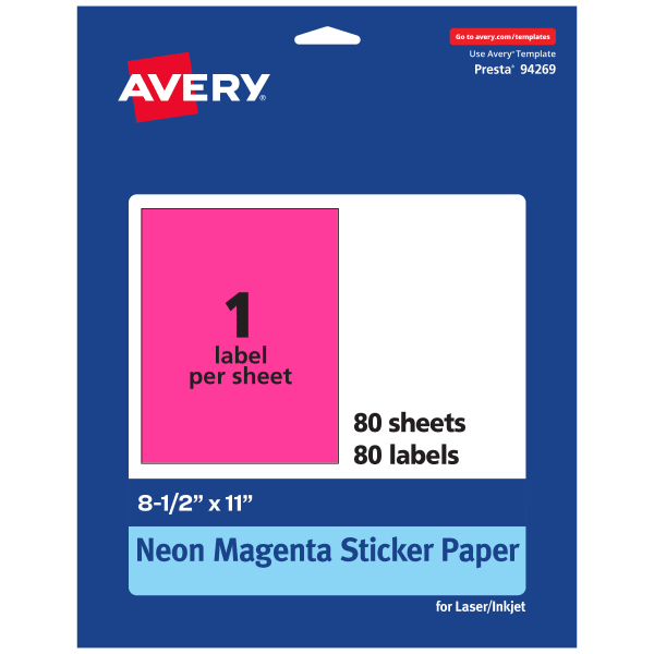 Avery Printable Sticker Paper, 94269-NMP80, Rectangle, 8-1/2in x 11in, Matte Neon Magenta, Pack of 80