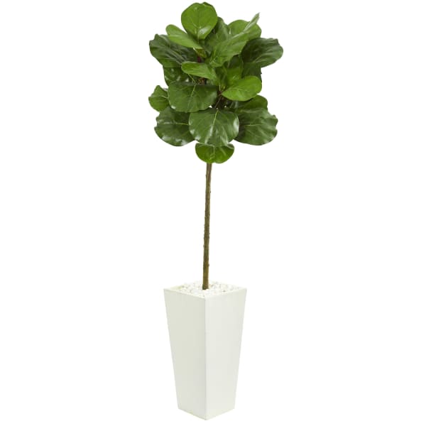 Nearly Natural Fiddle Leaf 66in Artificial Tree With Tower Planter, Green/White