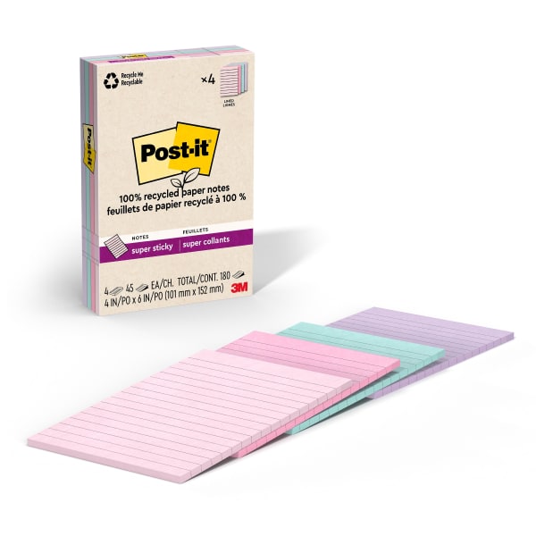 Post-it 100% Recycled Paper Lined Super Sticky Notes, 180 Total Notes, Pack Of 4 Pads, 4in x 6in, Wanderlust Pastels, 45 Notes Per Pad