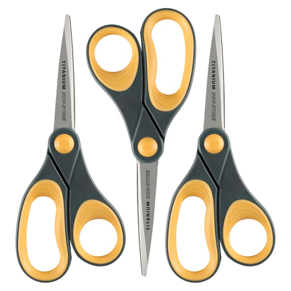 Acme United Titanium Nonstick Scissors, 8in, Pointed, Gray/Yellow, Pack Of 3