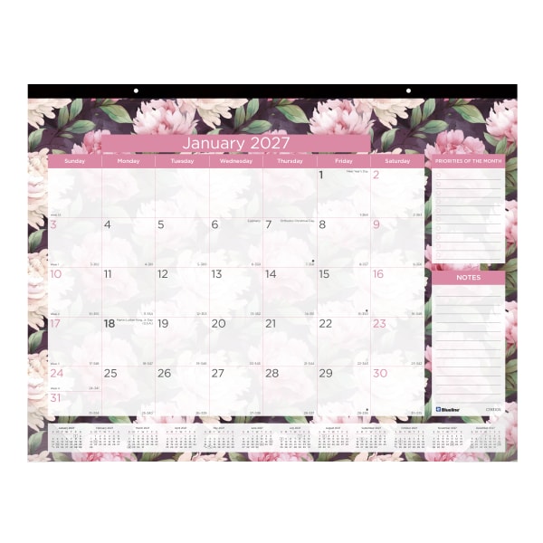 2027 Blueline Monthly Desk Pad Calendar, 22in x 17in, Pink, January To December, C193105, Total Qty 1
