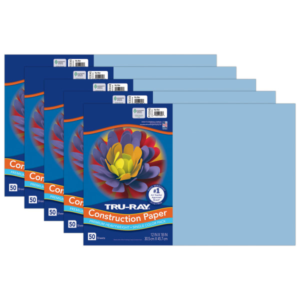 Tru-Ray Construction Paper, Heavyweight, 12in x 18in, Sky Blue, 50 Sheets Per Pack, Set Of 5 Packs