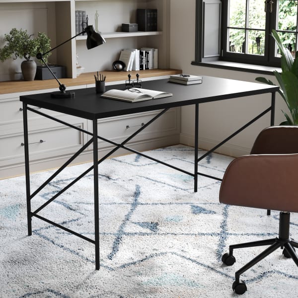 Martha Stewart Maddox 47.25inW Home Office Parsons Computer Desk With Metal X-Frame, Black/Oil Rubbed Bronze