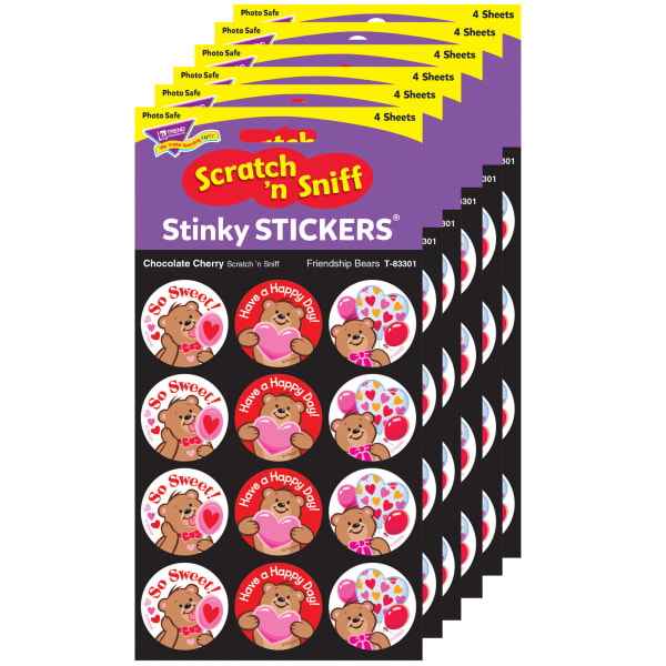 TREND Stinky Stickers, Friendship Bears/Chocolate Cherry, 48 Per Pack, Set Of 6 Packs