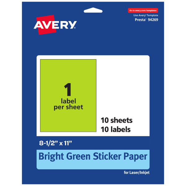 Avery Printable Sticker Paper, 94269-BGP10, Rectangle, 8-1/2in x 11in, Matte Bright Green, Pack of 10