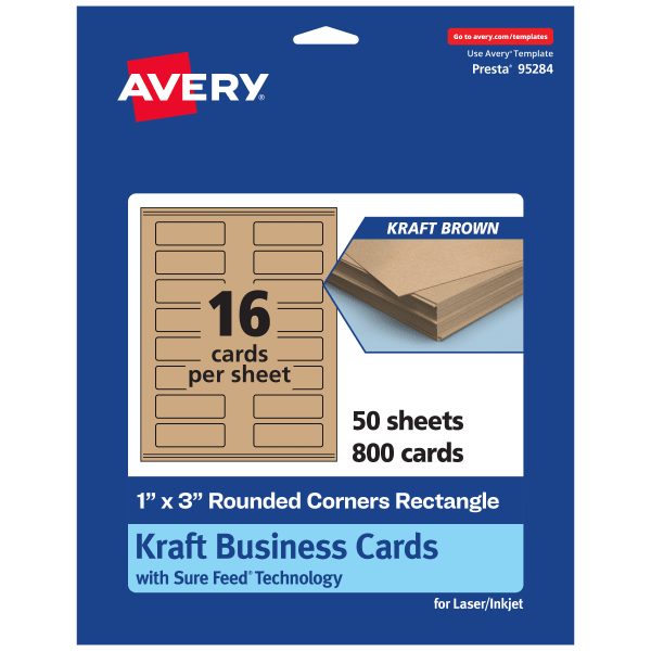 Avery Printable Rounded Corner Mini Business Cards With Sure Feed Technology, Print-To-The-Edge, 1inx3in, Kraft Brown, Pack Of 800