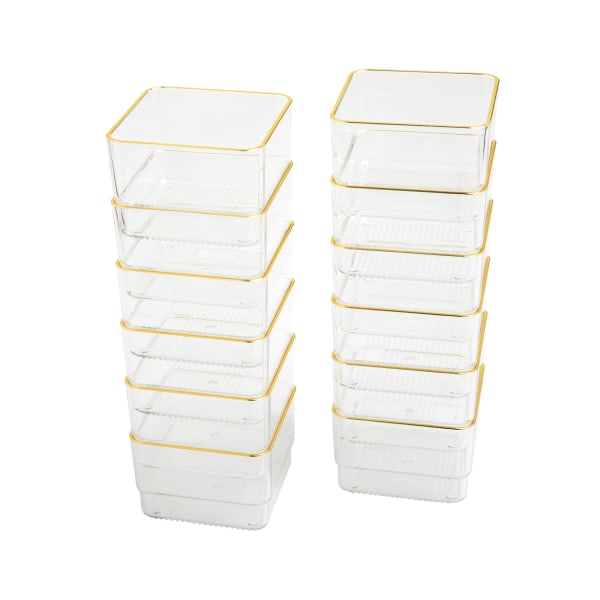 Martha Stewart Kerry Plastic Stackable Office Desk Drawer Organizers, 2inH x 3inW x 3inD, Clear/Gold Trim, Pack Of 12 Organizers