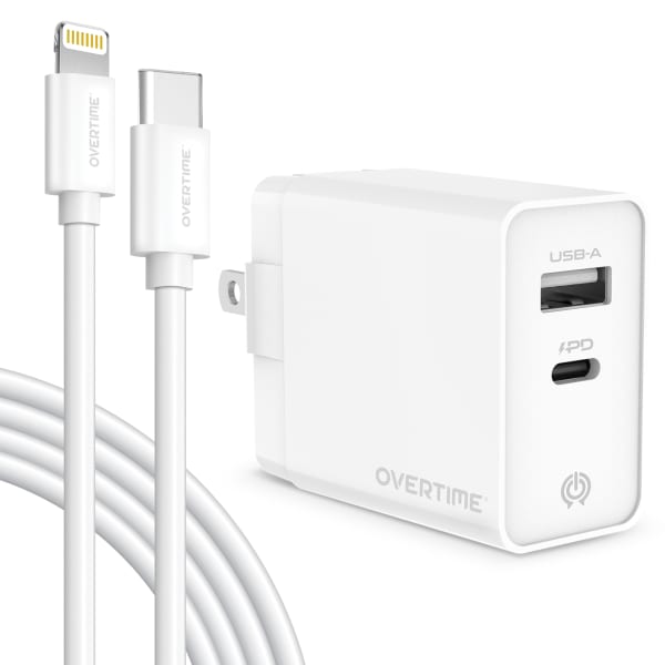 Overtime Dual-Port Wall Charger And 6ft Apple MFi Lightning Cable, White