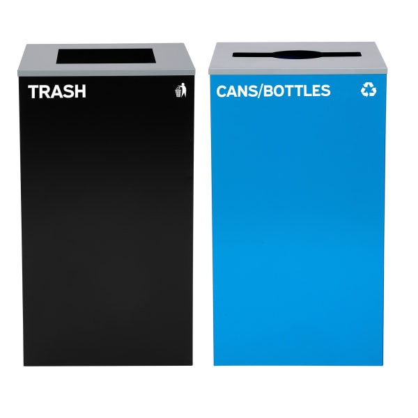 Alpine Industries Stainless-Steel Open Top Cans/Bottles Recycling And Trash Can Set With Square And Mixed Lids, 29 Gallons, 30inH x 16-15/16inW x 16-15/16inD, Black/Blue, Set Of 2 Trash Cans