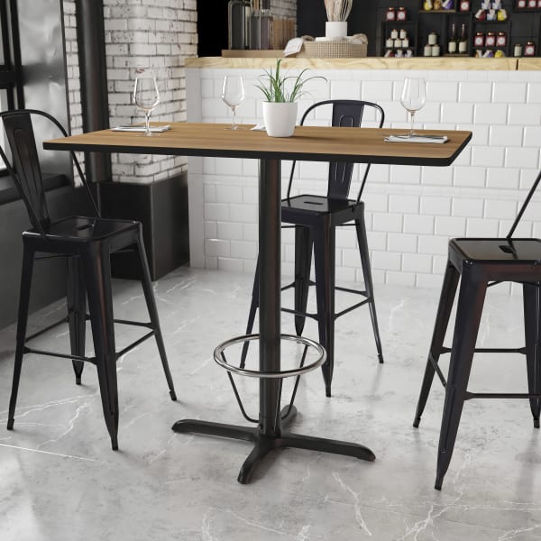 Flash Furniture Rectangular Laminate Table Top With Bar Height Table Base And Foot Ring, 43-3/16inH x 30inW x 48inD, Walnut