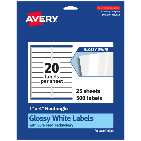 Avery Glossy Permanent Labels With Sure Feed, 94202-WGP25, Rectangle, 1in x 4in, White, Pack Of 500