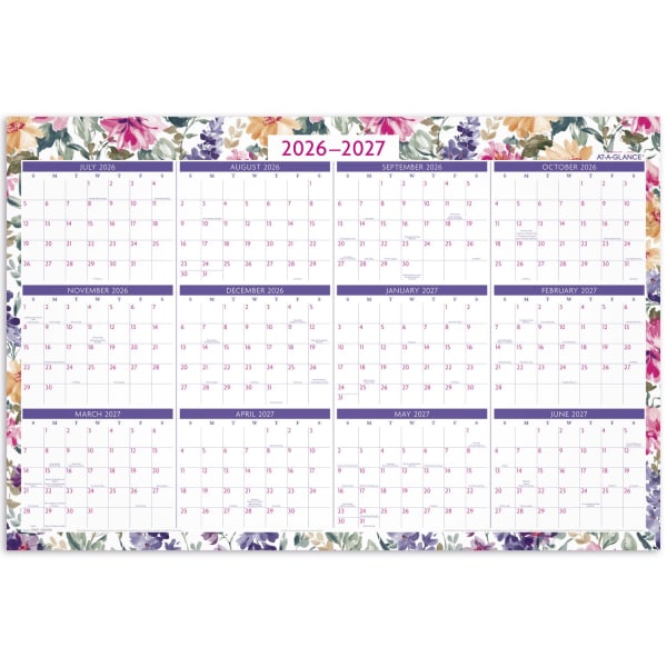 AT-A-GLANCE BADGE Reversible Erasable Academic and Regular Year 2026-2027 Wall Calendar, Floral, Large, 24in x 36in