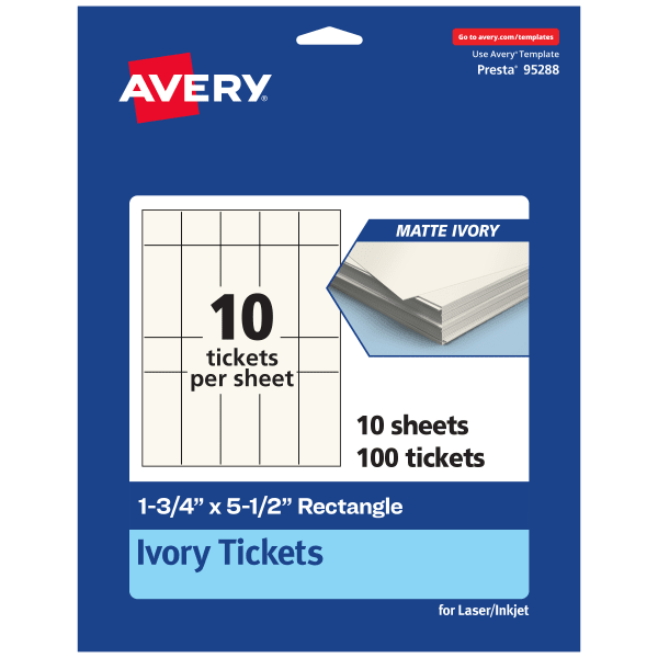 Avery Printable Tickets, 1.75inx5.5in, Matte Ivory, Pack Of 100
