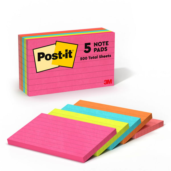 Post-it Notes, 5 Pads, 3 in x 5 in, Clean Removal, School Supplies and Office Products, Sticky Notes for Vertical Surfaces, Monitors, Walls and Windows, Poptimistic Collection, Lined