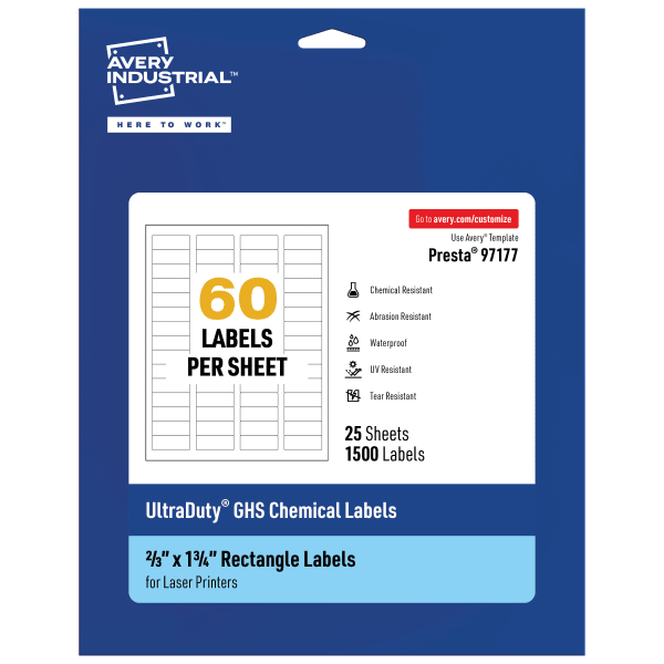 Avery Ultra Duty Permanent GHS Chemical Labels, 97177-WMU25, Rectangle, 2/3in x 1-3/4in, White, Pack Of 1,500