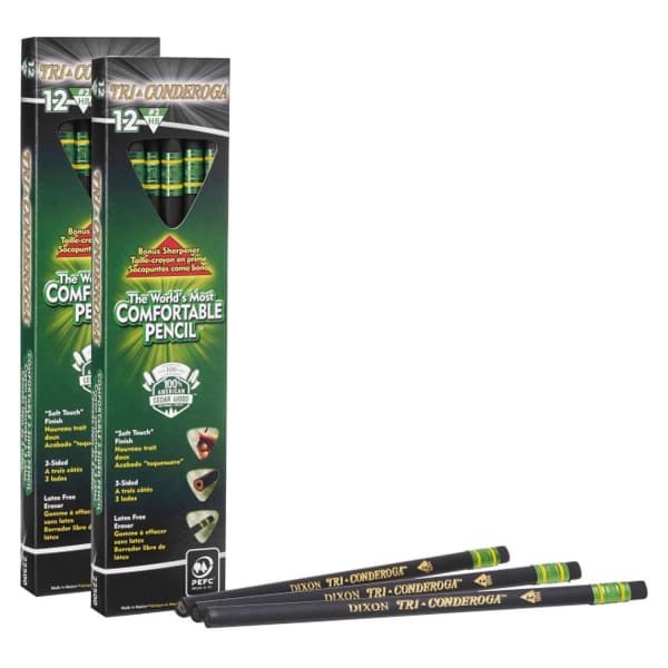 Ticonderoga Tri-Conderoga 3-Sided Pencils With Sharpeners, #2 Soft, Black, 12 Pencils Per Pack, Set Of 2 Packs