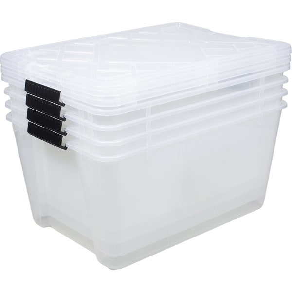 Office Depot Brand by GreenMade Instaview Storage Container With Latch Handles/Snap Lids, 45 Qt, 16-1/2in x 15-3/4in x 21-1/2in, Clear, Pack Of 4