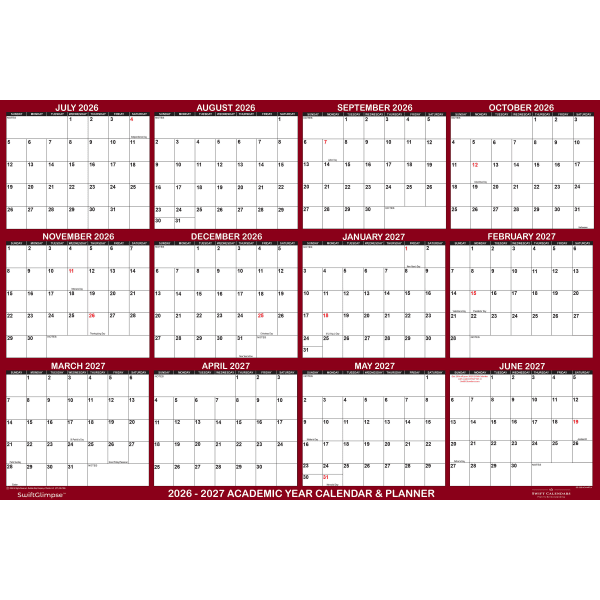 2026-2027 SwiftGlimpse Academic Monthly Wall Calendar, 72in x 48in, Maroon/White, July To June, Total Qty 1