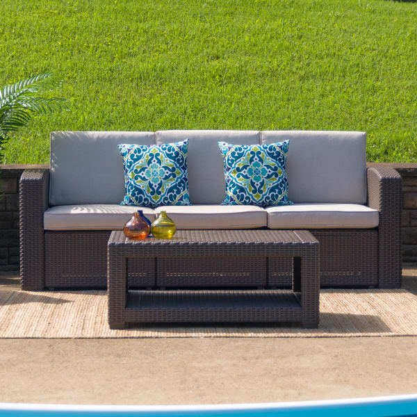 Flash Furniture Seneca Faux Rattan Outdoor Furniture Coffee Table, 15inH x 36-1/2inW x 22inD, Chocolate Brown
