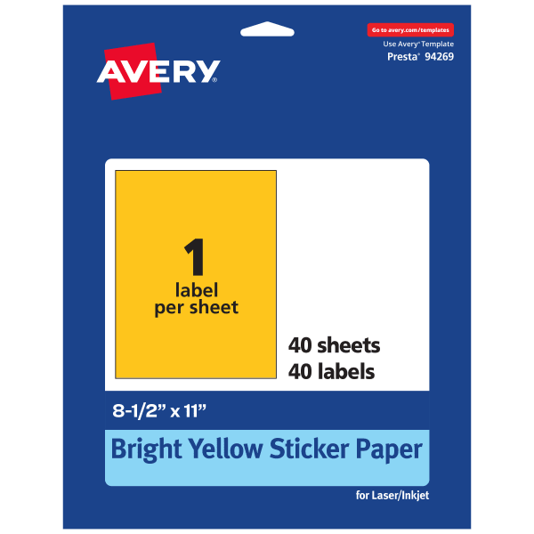 Avery Printable Sticker Paper, 94269-BYP40, Rectangle, 8-1/2in x 11in, Matte Bright Yellow, Pack of 40