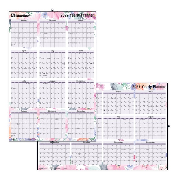 2027 Blueline Colorful Laminated, Reversible And Erasable Yearly Wall Planner, 24in x 36in, 100% Recycled, Passion, January To December, Total Qty 1