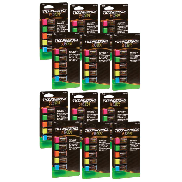Ticonderoga Mini Vinyl Erasers, 1/2in x 1-1/2in, Assorted Neon Colors, 5 Erasers Per Pack, Set Of 12 Packs