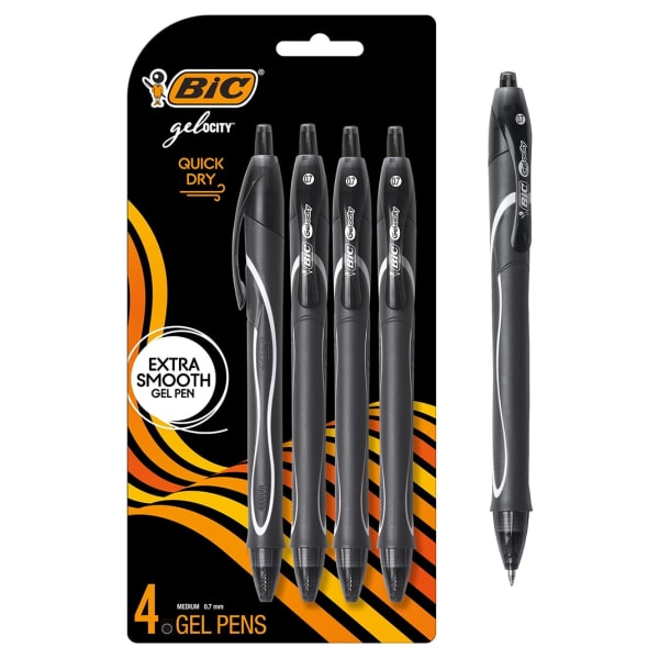 BIC Gel-ocity Quick-Dry Retractable Gel Pens, Medium Point, 0.7 mm, Black Barrel, Black Ink, Pack Of 4 Pens