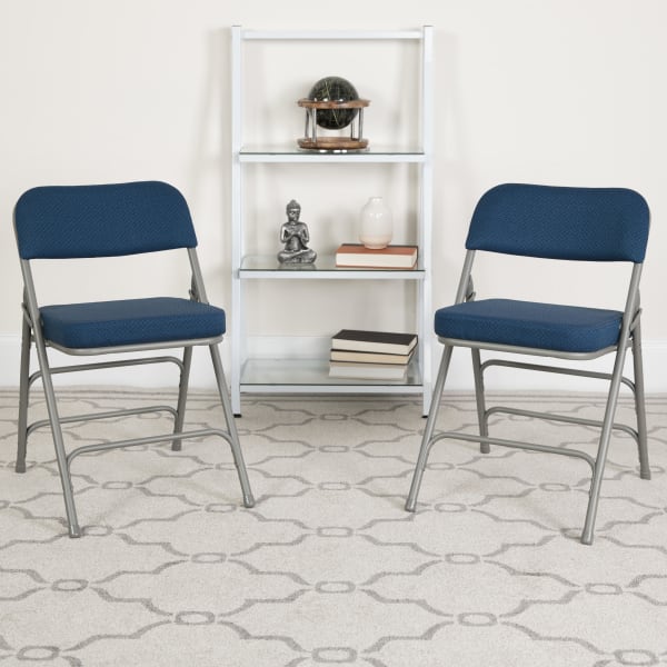 Flash Furniture HERCULES Series Premium Curved Triple Braced & Hinged Fabric Upholstered Metal Folding Chairs, Navy, Set Of 2 Chairs