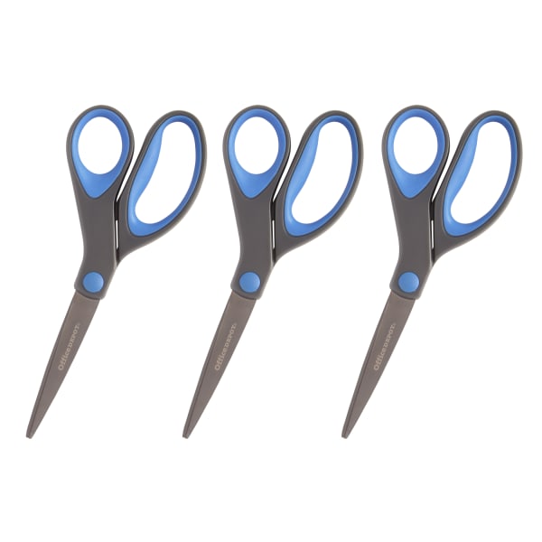 Office Depot Brand Titanium Coated Scissors, 8in, Straight, Dark Gray/Blue, Pack Of 3 Scissors