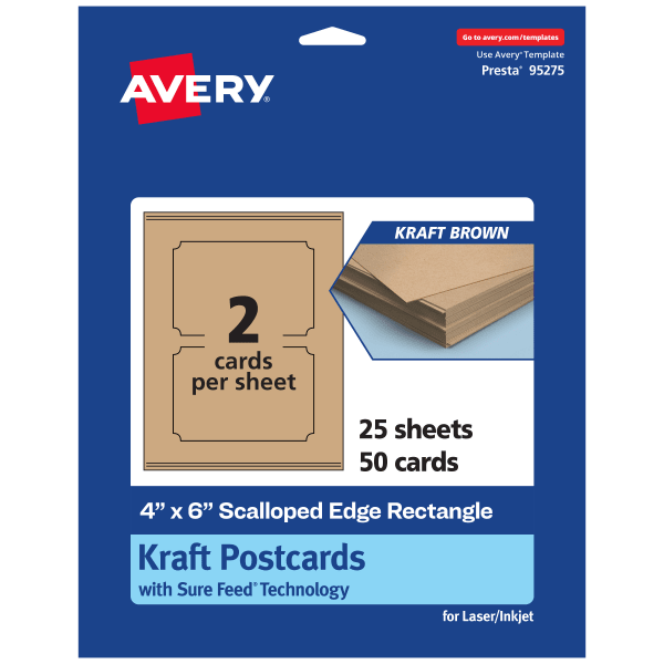 Avery Printable Postcards With Sure Feed Technology, 95275-KMC25, Rectangle Scalloped, 4in x 6in, Kraft Brown, Pack Of 50