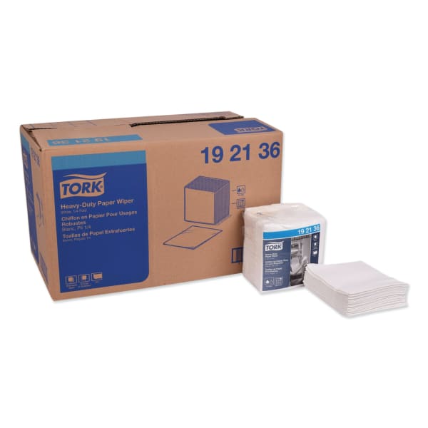 Tork Heavy-Duty 1/4 Fold Paper Wipers, 13in x 12-1/2in, White, 56 Wipers Per Box, Pack Of 16 Boxes