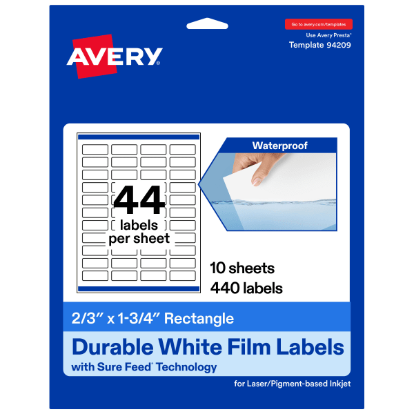 Avery Waterproof Permanent Labels With Sure Feed, 94209-WMF10, Rectangle, 2/3in x 1-3/4in, White, Pack Of 440