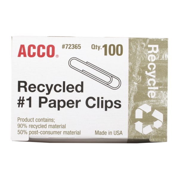 ACCO Paper Clips, Box Of 100, No. 1, 90% Recycled, Silver