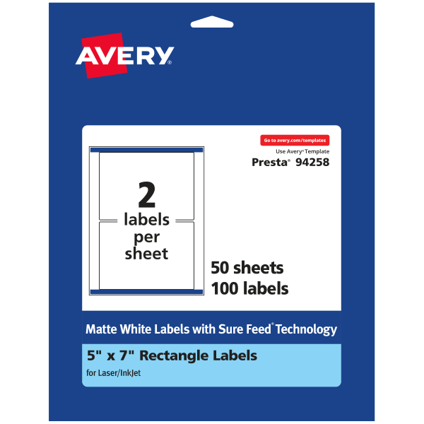 Avery Permanent Labels With Sure Feed, 94258-WMP50, Rectangle, 5in x 7in, White, Pack Of 100