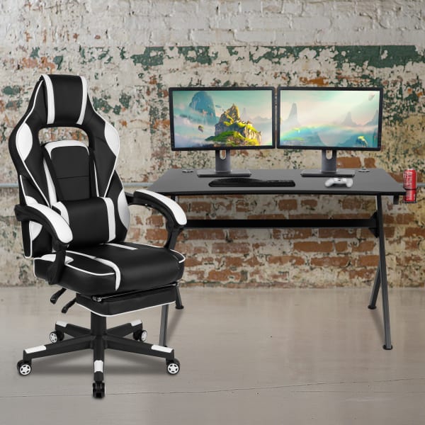 Flash Furniture Gaming Desk And Chair Set With Cup Holder, Headphone Hook, 2 Wire Management Grommets, Footrest & Reclining Back/Arms, White