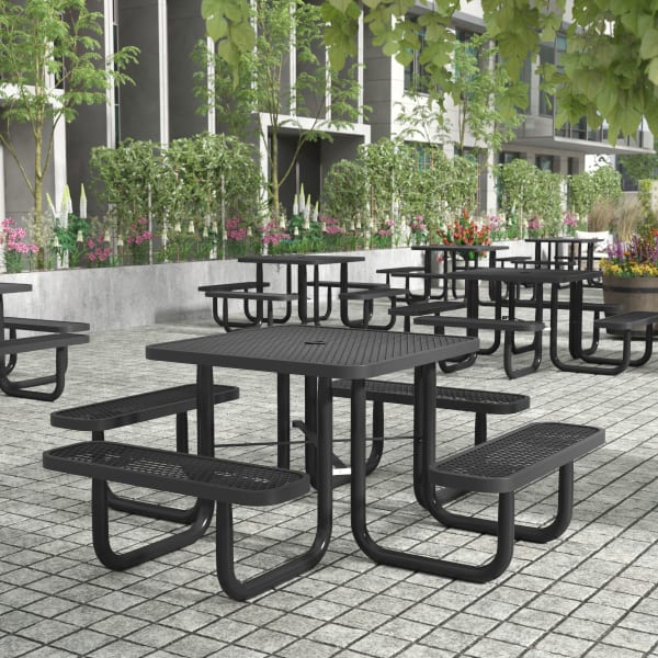 Flash Furniture Creekside Outdoor Square Picnic Table with Commercial Heavy Gauge Expanded Metal Mesh Seats and Top with Umbrella Hole, Steel Frame, Ground Anchors, Black