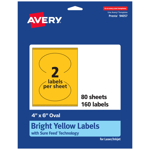 Avery Print-To-The-Edge Labels With Sure Feed Technology, 94057-BYP80, Oval, 4in x 6in, Matte Bright Yellow, Pack of 160