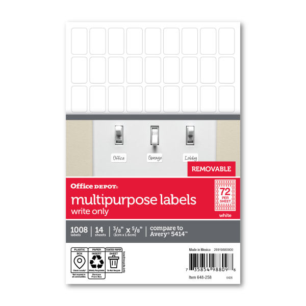 Office Depot Brand Removable Writable Labels, OD98809, Rectangle, 3/8in x 5/8in, White, Pack Of 1,008