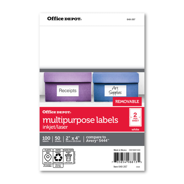 Office Depot Brand Removable Inkjet/Laser Labels, OD98813, Rectangle, 4in x 2in, White, Pack Of 100