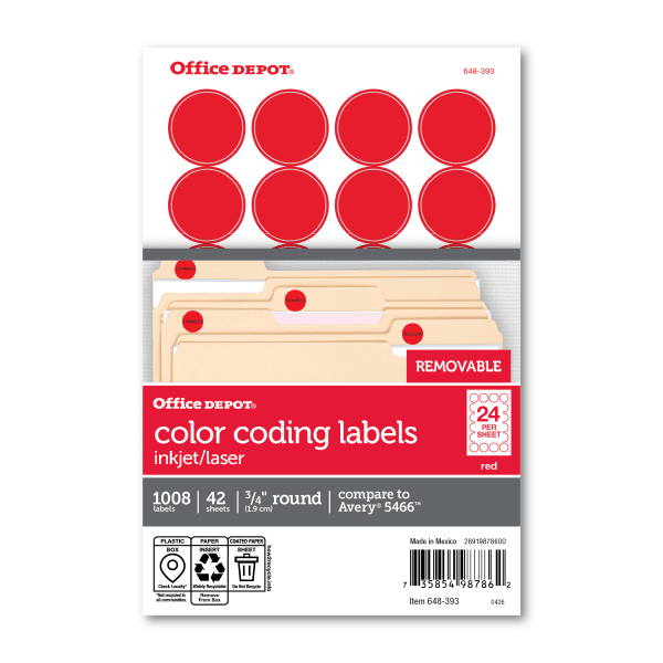 Office Depot Brand Removable Round Color-Coding Labels, OD98786, 3/4in Diameter, Red, Pack Of 1,008