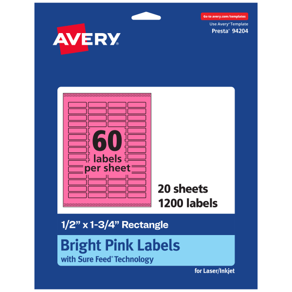 Avery Print-To-The-Edge Labels With Sure Feed Technology And Easy Peel, 94204-BPP20, Rectangle, 1/2in x 1-3/4in, Matte Bright Pink, Pack of 1200