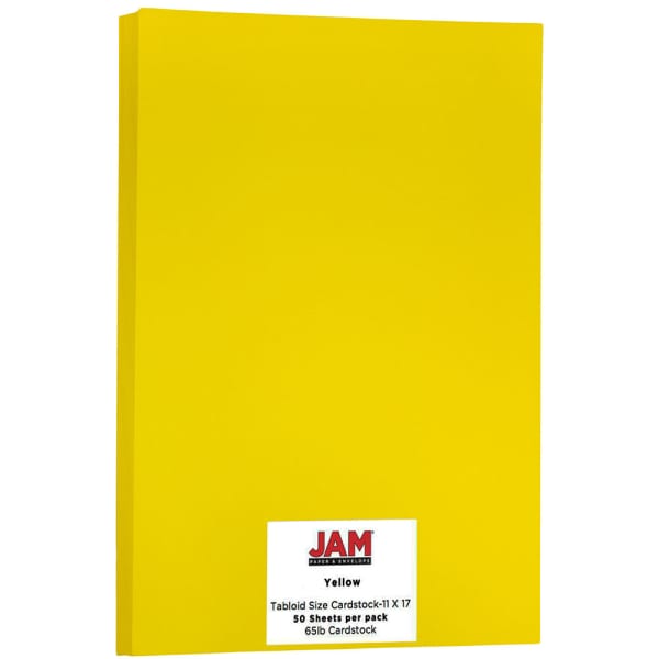 JAM Paper Card Stock, Solar Yellow, Ledger (11in x 17in), 65 Lb, 30% Recycled, Pack Of 50
