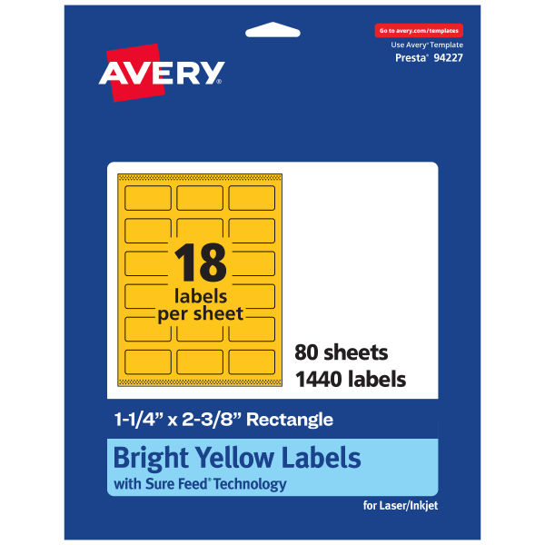 Avery Print-To-The-Edge Labels With Sure Feed Technology And Easy Peel, 94227-BYP80, Rectangle, 1-1/4in x 2-3/8in, Matte Bright Yellow, Pack of 1440