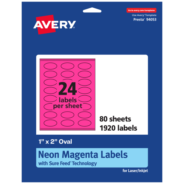 Avery Print-To-The-Edge Labels With Sure Feed Technology And Easy Peel Label Feature, 94053-NMP80, Oval, 1in x 2in, Matte Neon Magenta, Pack of 1920