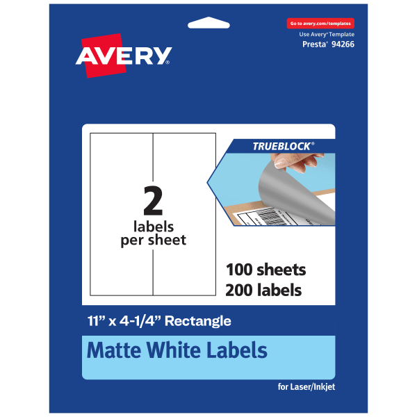 Avery TrueBlock Labels, 94266-TWMP100, Rectangle, 11in x 4-1/4in, Matte White, Pack Of 200