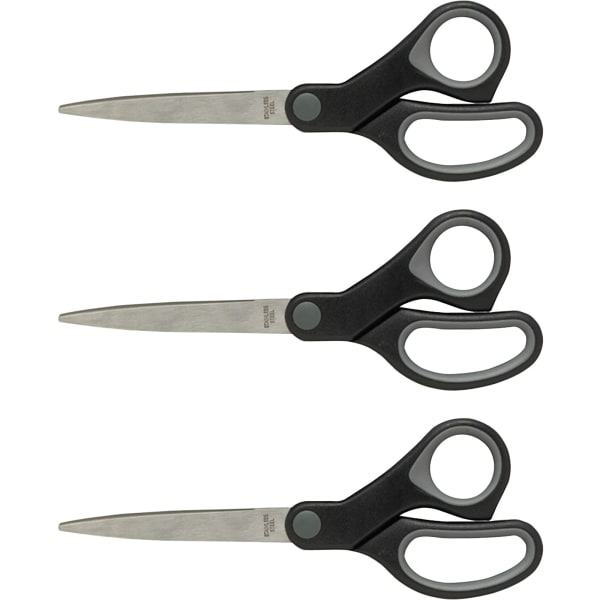 Sparco Straight Scissors w/Rubber Grip Handle - 8in Overall Length - Straight - Stainless Steel - Black, Gray - 3 / Bundle