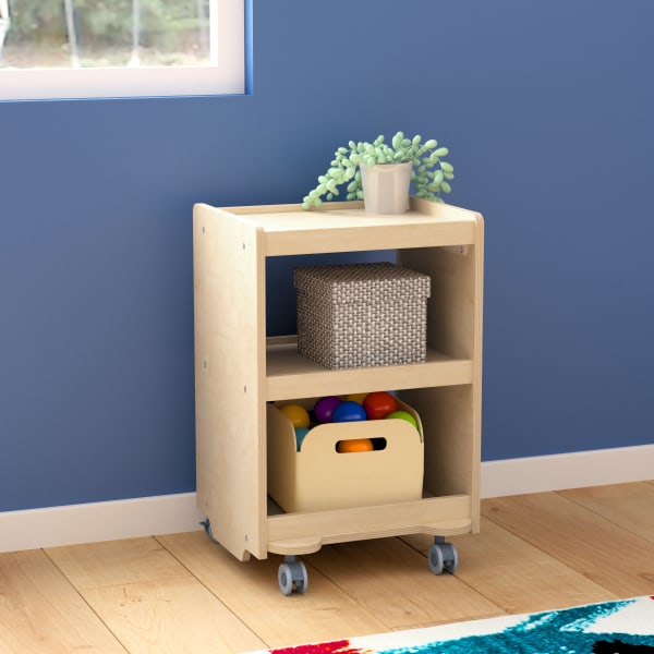 Flash Furniture Bright Beginnings Commercial Wood Mobile 3-Tier Storage Cart with Locking Caster Wheels, 25inH x 16inW x 16inD, Beech