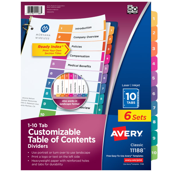 Avery Ready Index 1-10 Tab Binder Dividers With Customizable Table Of Contents, 8-1/2in x 11in, 10 Tab, White/Multicolor, Pack Of 6 Sets