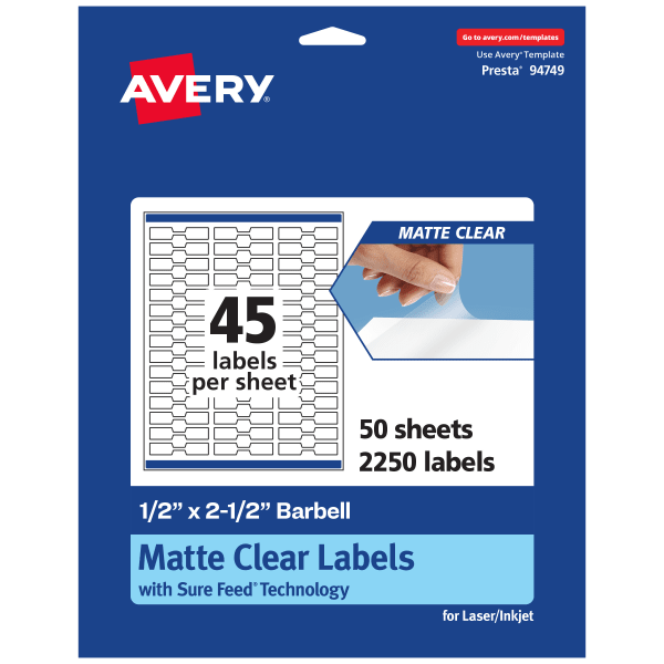 Avery Permanent Labels With Sure Feed, 94749-CMF50, Barbell, 1/2in x 2-1/2in, Matte Clear, Pack Of 2,250